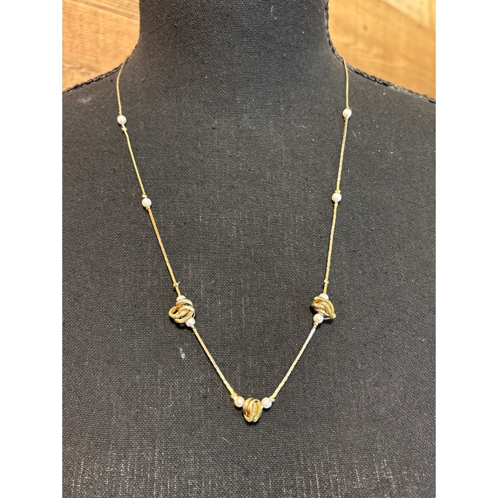 Vintage Gold Tone Dainty Love Knot and Tiny Pearl Station Necklace 24 Inch